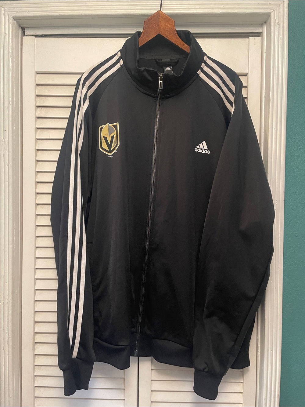 adidas NHL Black Track Jacket with White Stripes and Gold Crest